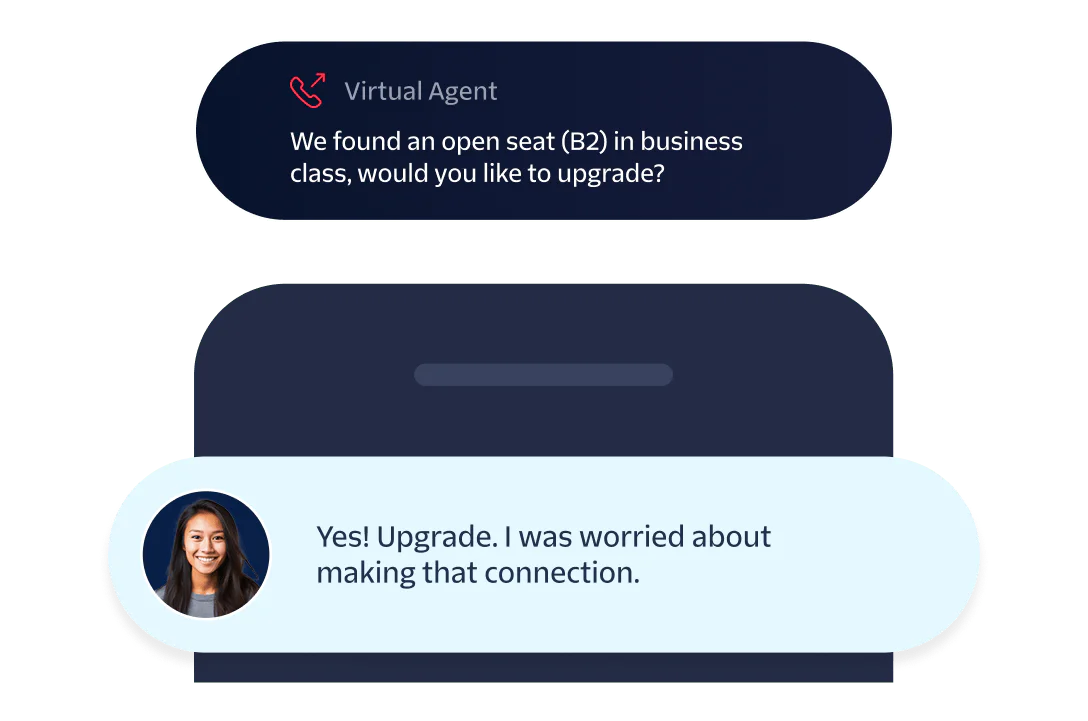 A virtual agent conversation offering a business class upgrade with a passenger accepting the offer.