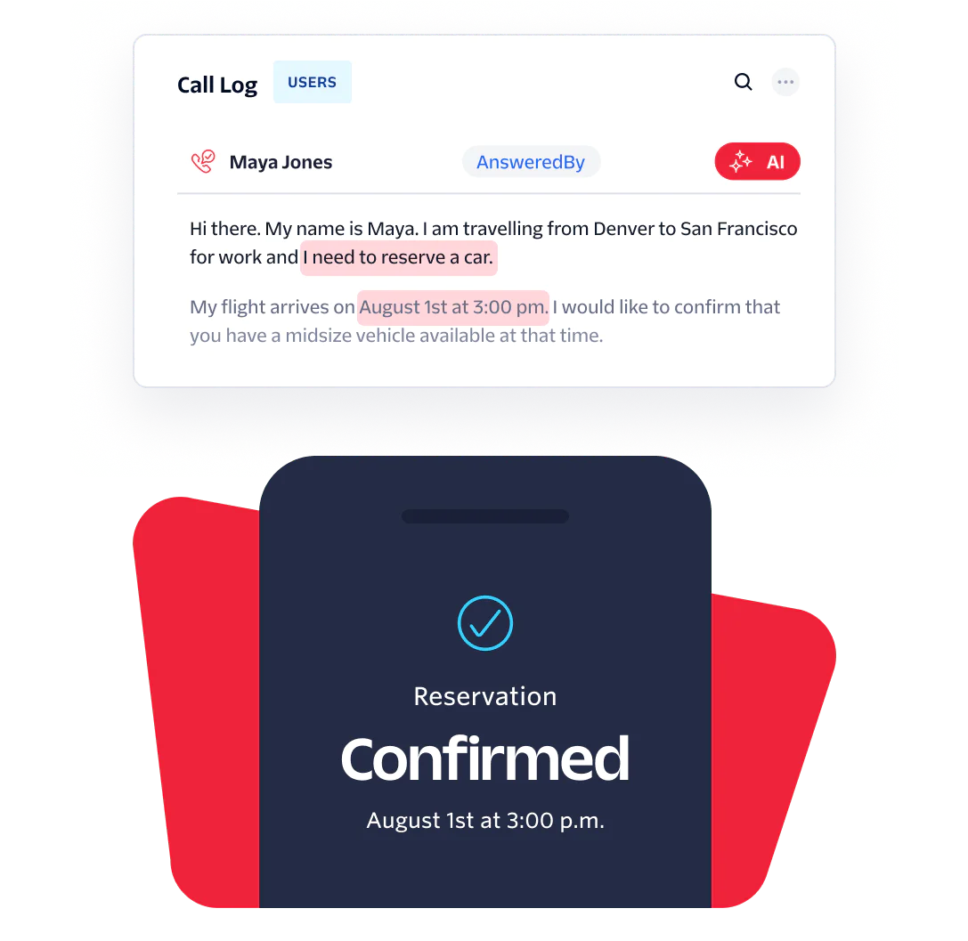 Interface showing a customer request to reserve a car and a confirmed reservation notification.