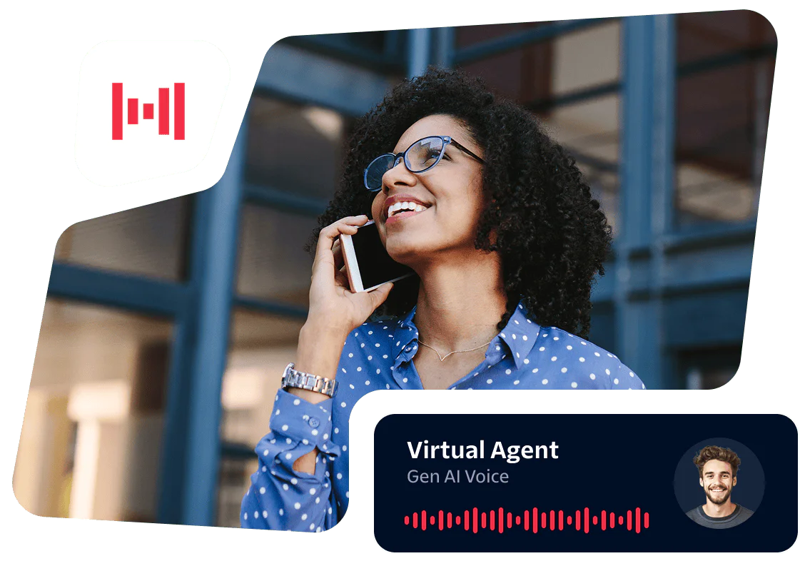 Smiling woman speaking on the phone with a virtual agent interface overlay displayed.