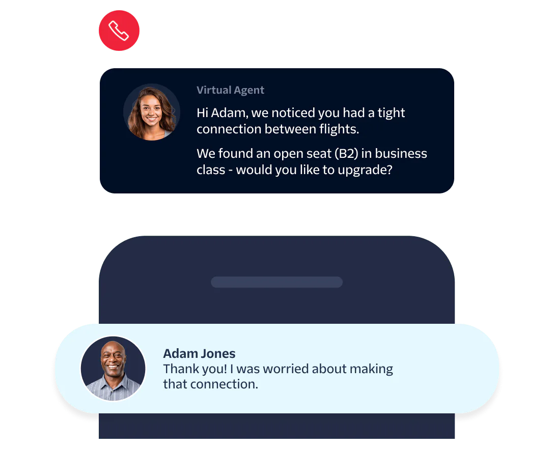 Virtual agent offers business class upgrade to concerned passenger Adam Jones in a chat interface.