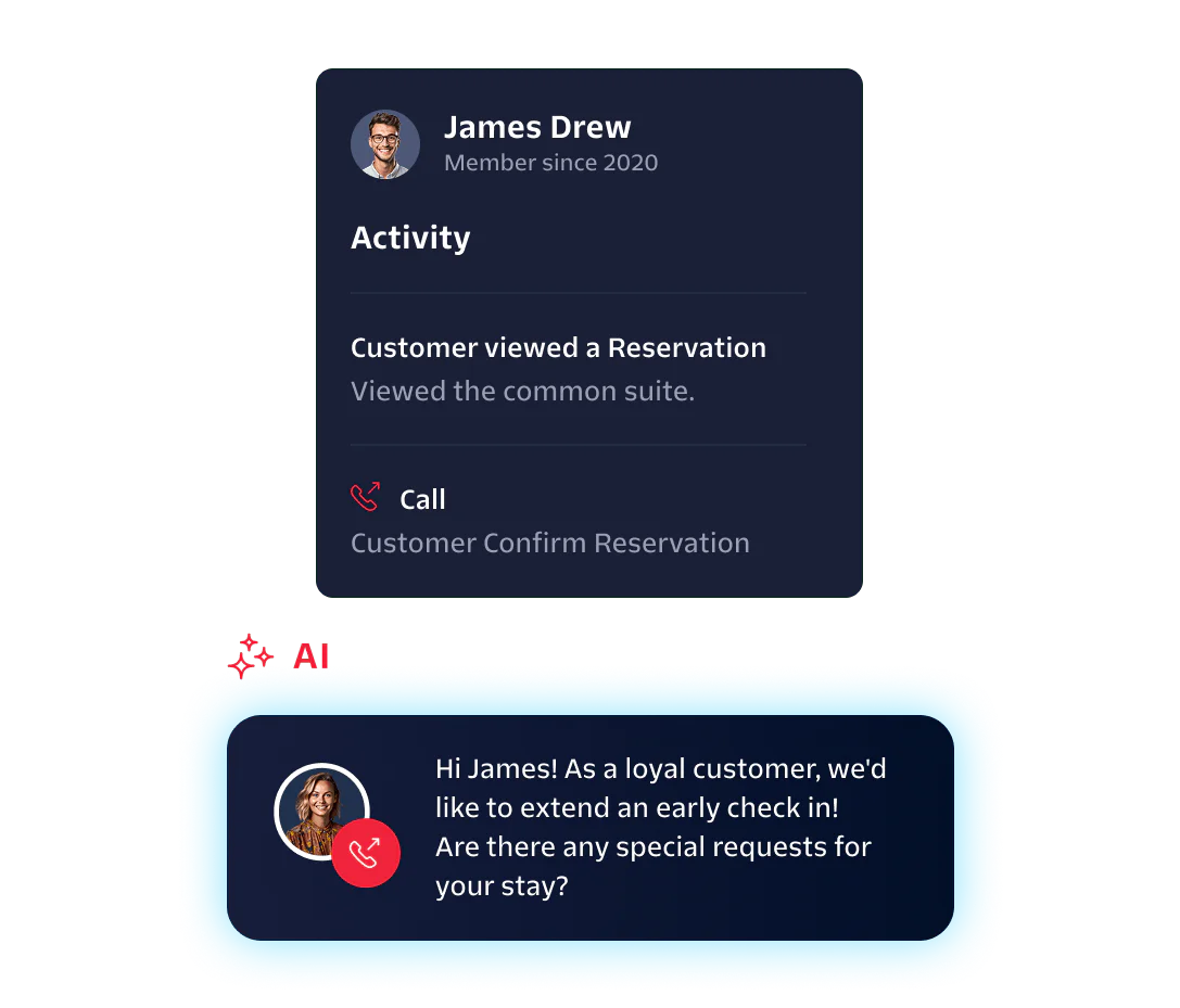 A hotel app screen showing customer activity and a message offering an early check-in.