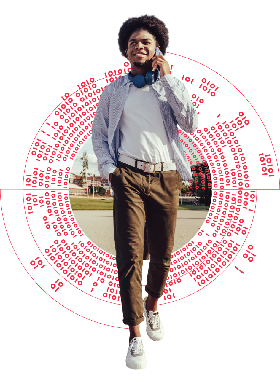 Human surrounded by 1s and 0s