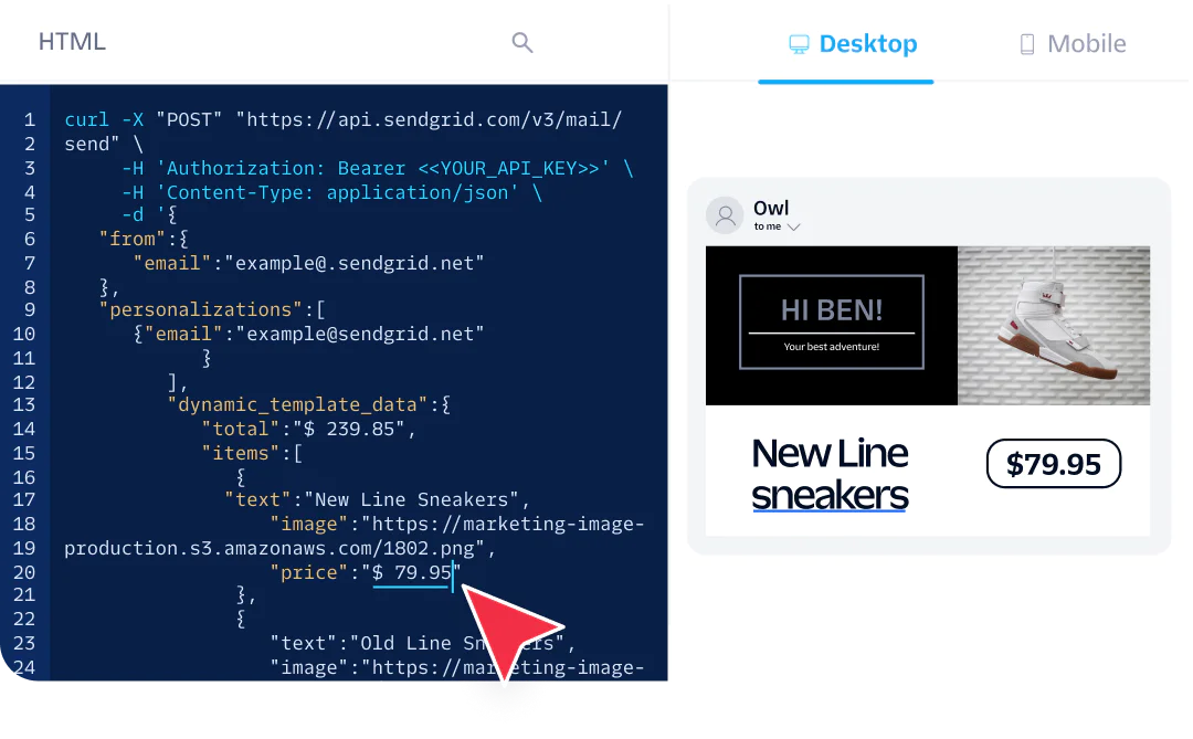 Screenshot showing HTML code for an email template promoting a new line of sneakers priced at $79.95 with example content.