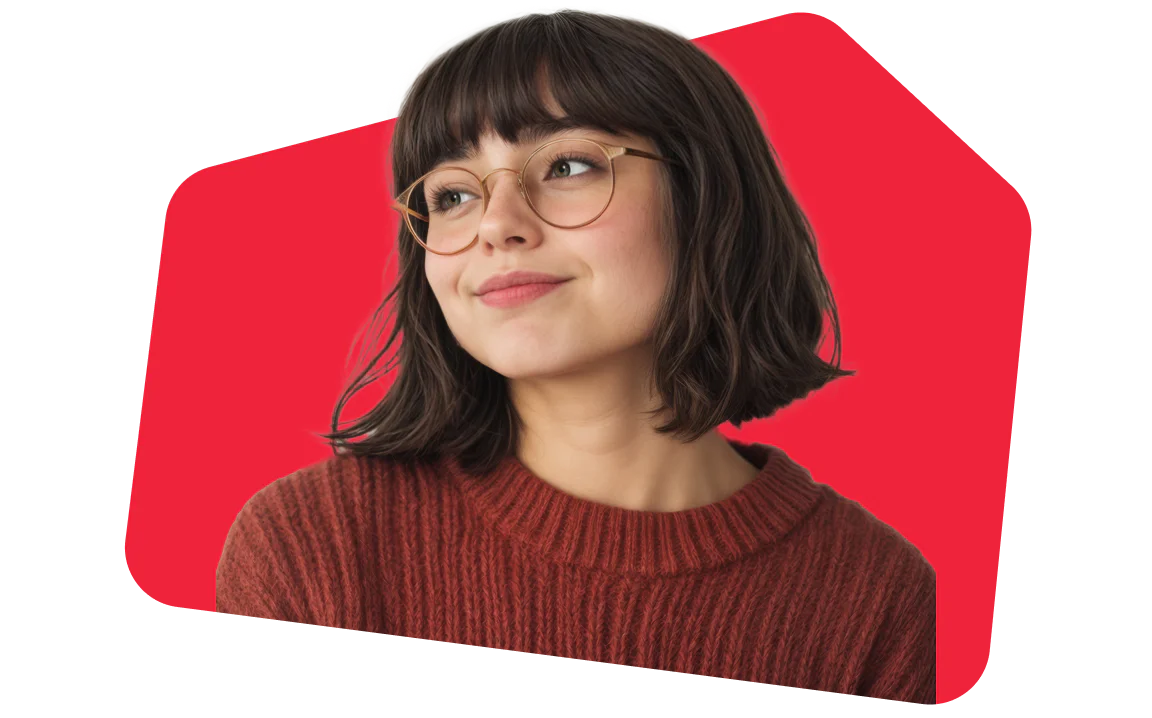 Woman with Glasses Smiling Against a Red Background Woman with short hair and glasses wearing a red sweater, smiling against a red background.