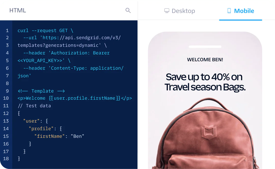 Code preview on the left and mobile app screen showing a welcome message and travel bags offer on the right.