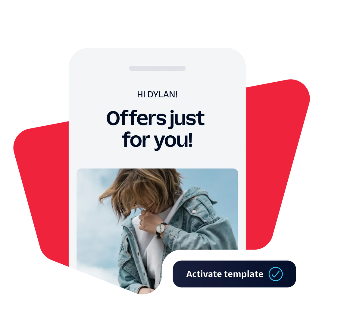 Personalized Offer Notification on Mobile Phone Smartphone screen displaying a personalized offer message with a person in a denim jacket.
