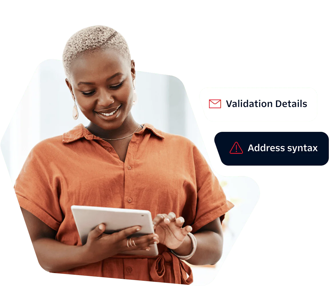 Woman Checking Address Syntax on Tablet Woman in orange shirt smiles while using a tablet, validation details and address syntax shown.
