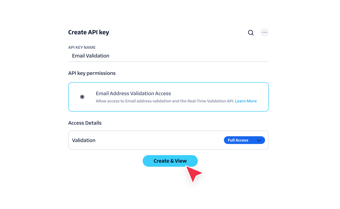 Interface for generating an API key with email validation permissions and access settings.