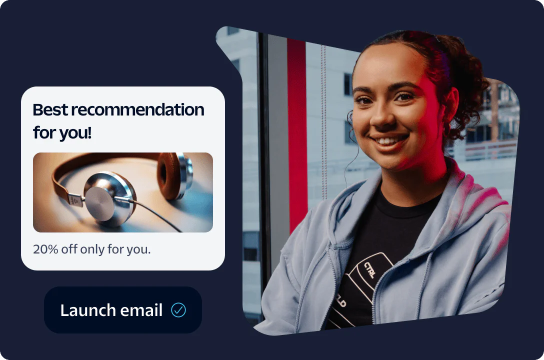Woman smiling with a recommendation card showing headphones and 20% off offer with a launch email button