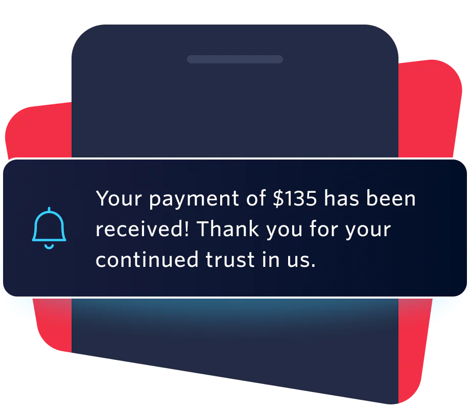 Smartphone screen showing notification of payment received for $135 with a thank you message.