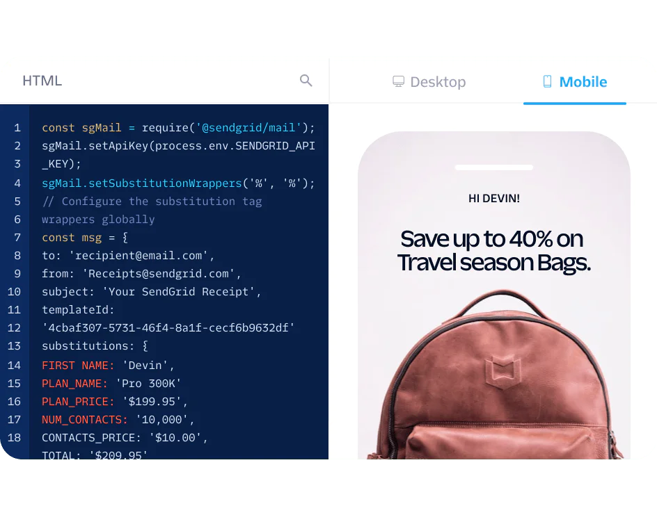 HTML code for email template beside a mobile screenshot of a travel bag discount advertisement.