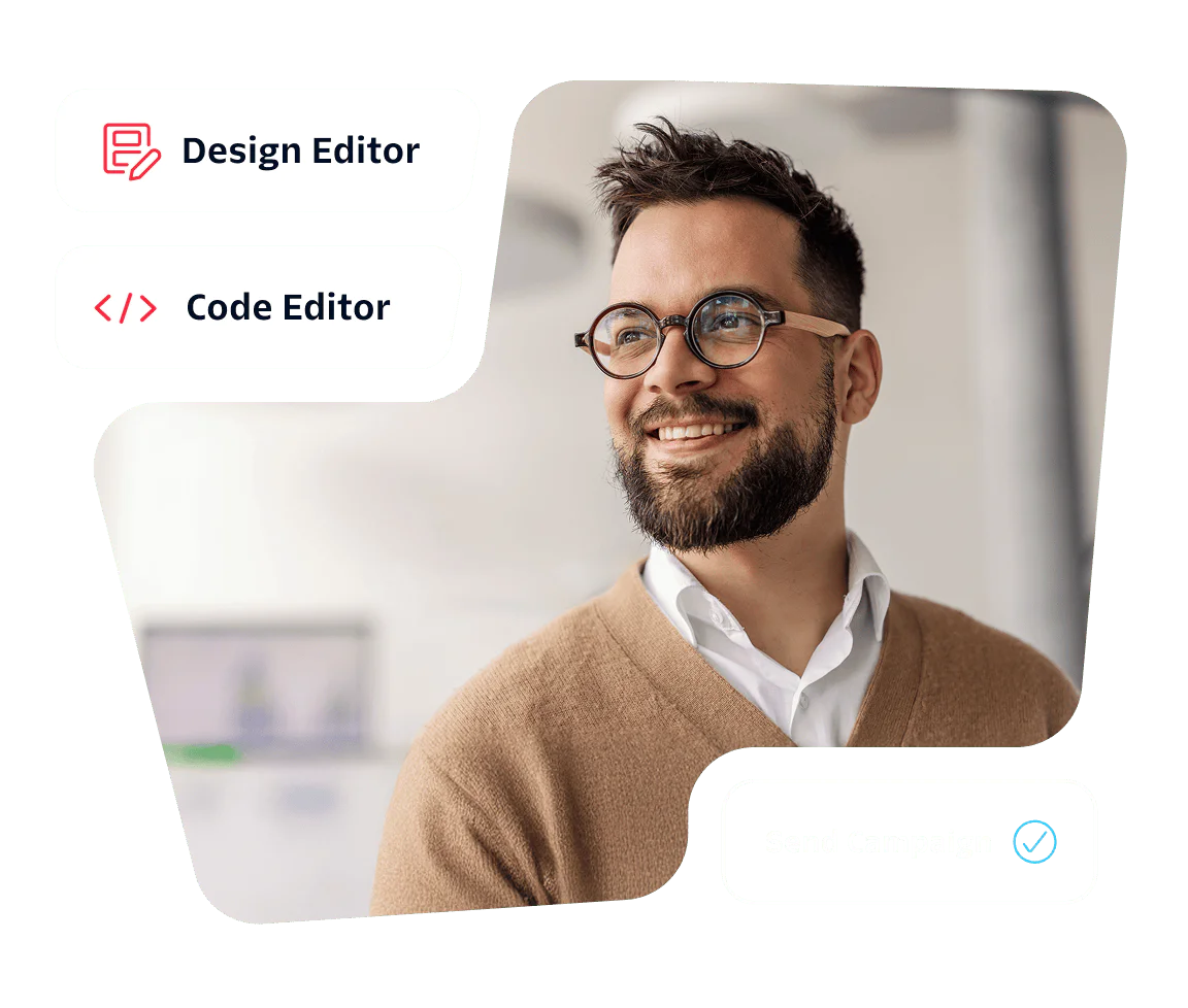 Smiling man with glasses, Design Editor and Code Editor buttons, Send Campaign button