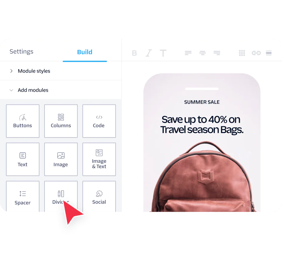 Email builder showing tools and a preview of a summer sale ad for travel season bags