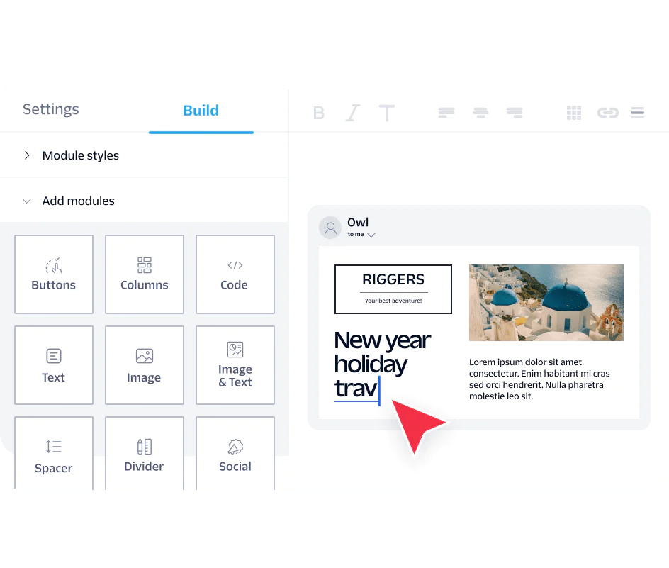 Screenshot of an email builder interface with settings and a New Year holiday travel advertisement design.