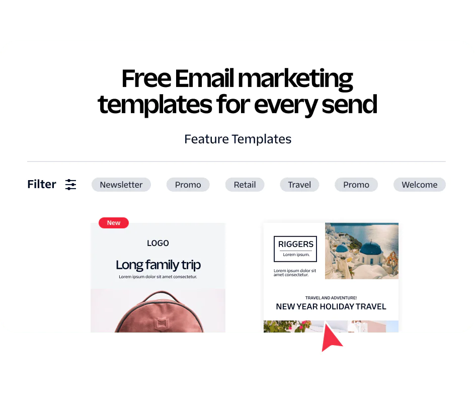 Interface showing free email marketing templates categorized by newsletter, promo, retail, travel, and welcome.