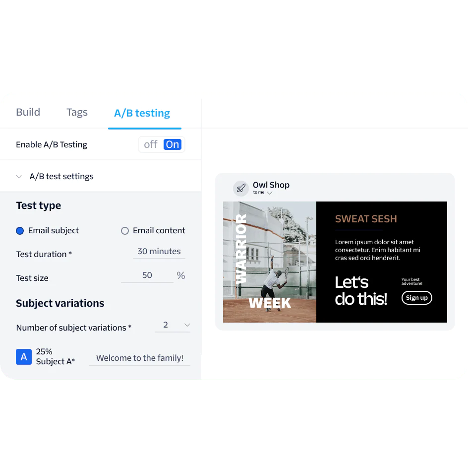 Marketing dashboard displaying A/B testing settings and email content preview for Owl Shop.