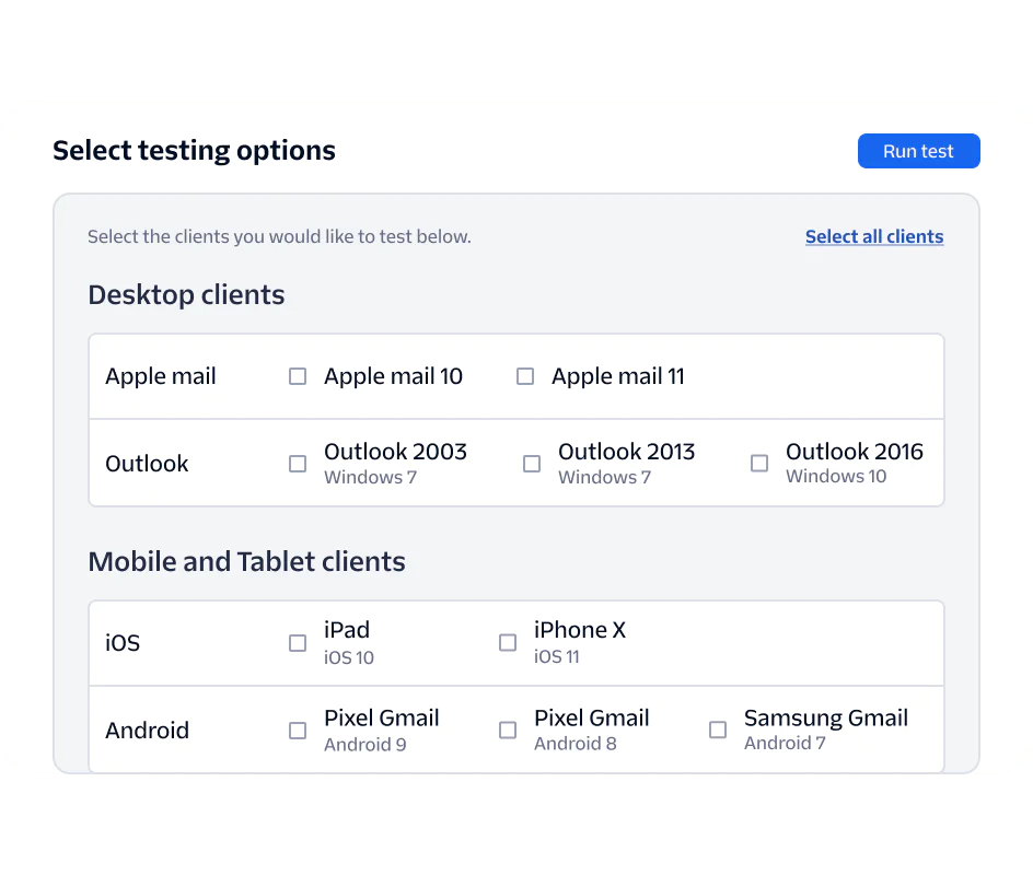 Interface for selecting desktop and mobile clients for testing software, including Apple Mail, Outlook, iOS, and Android.