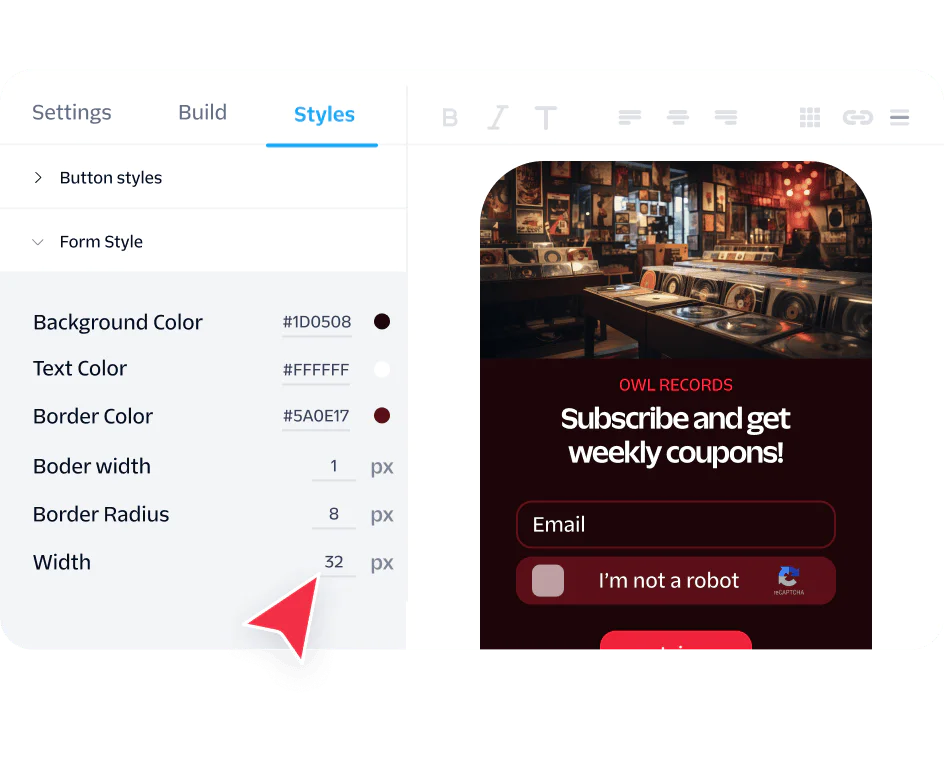 Web design tool interface showing style customization options for a form with a subscribe button.