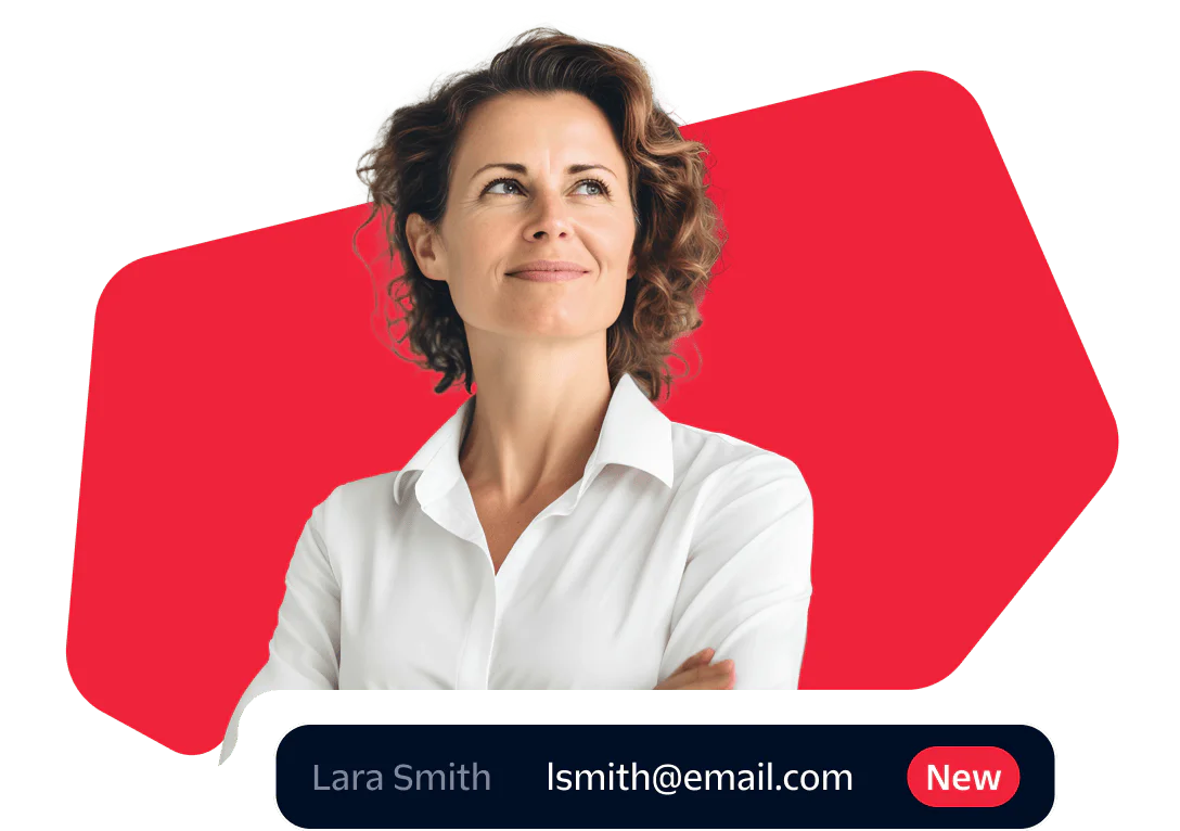Woman in white shirt looking confident with an email address and new message alert