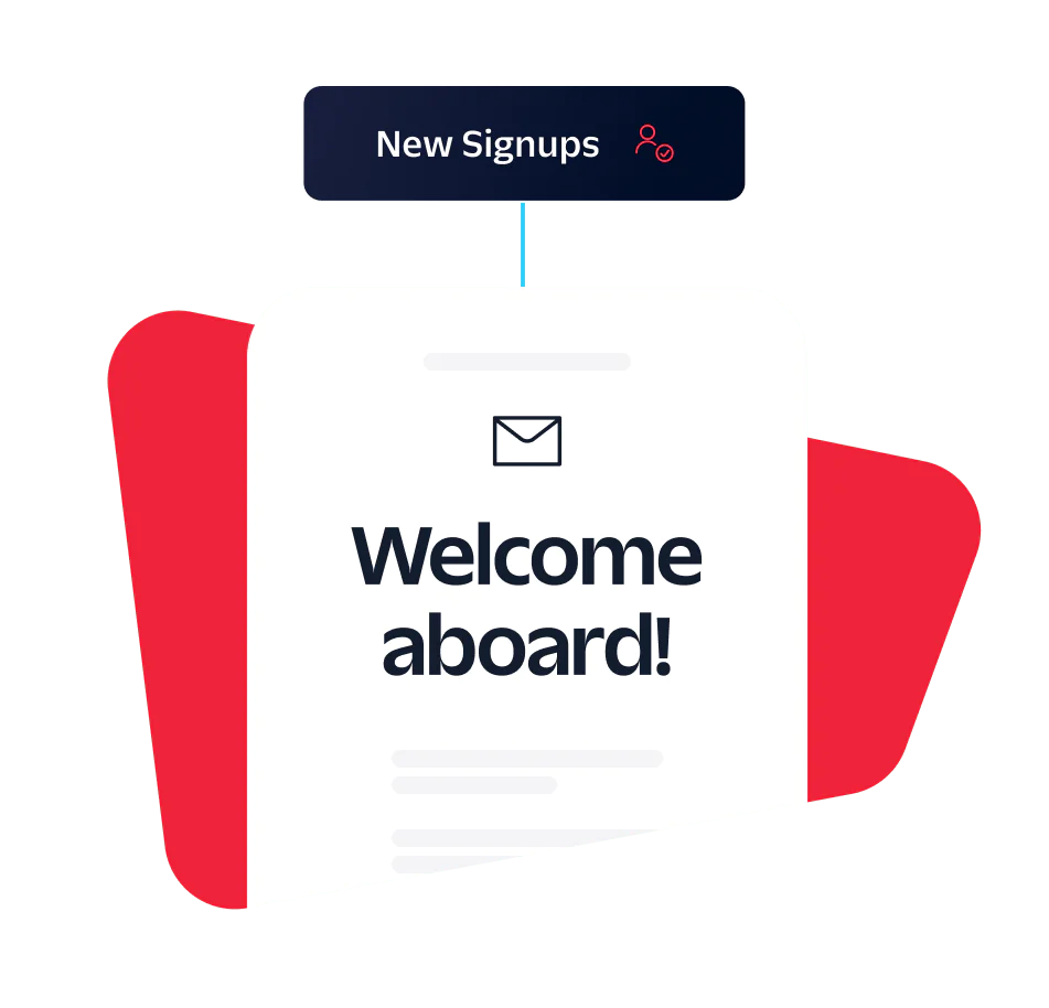 Illustrated notification with text Welcome aboard! and New Signups label above