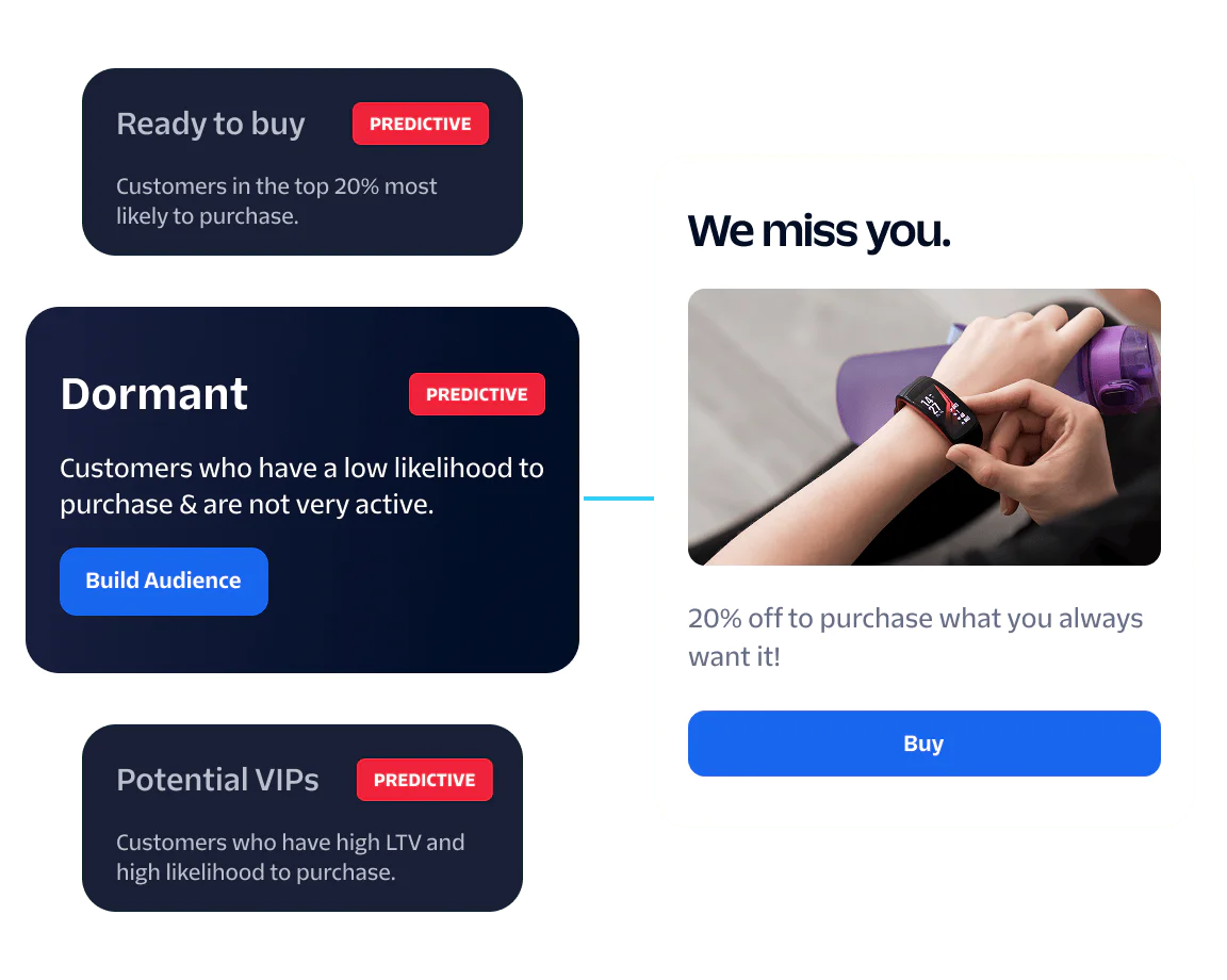 Segmented audience groups with labels Ready to buy, Dormant, and Potential VIPs, alongside a promotion.