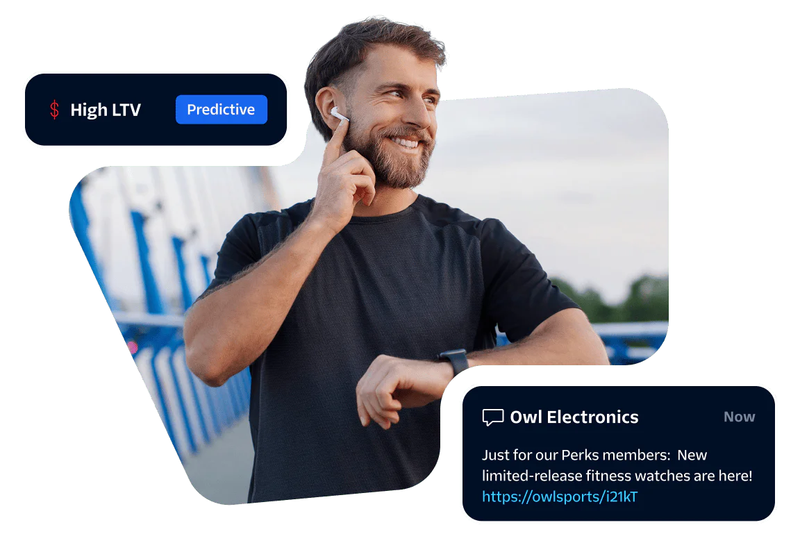 Man in athletic wear using wireless earbuds and checking smartwatch. Inset showing product advertisement.