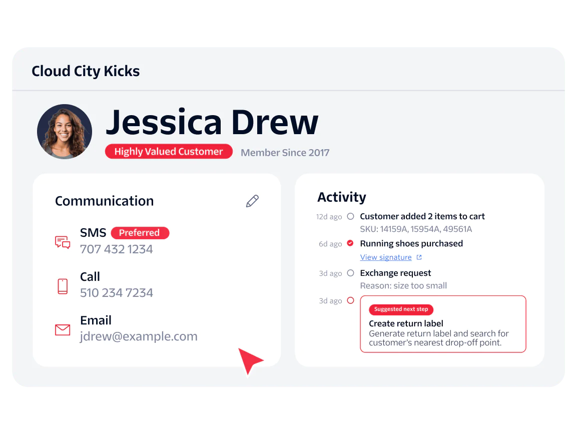 Customer profile showing Jessica Drew's info, preferred contact, order details, and return label action.