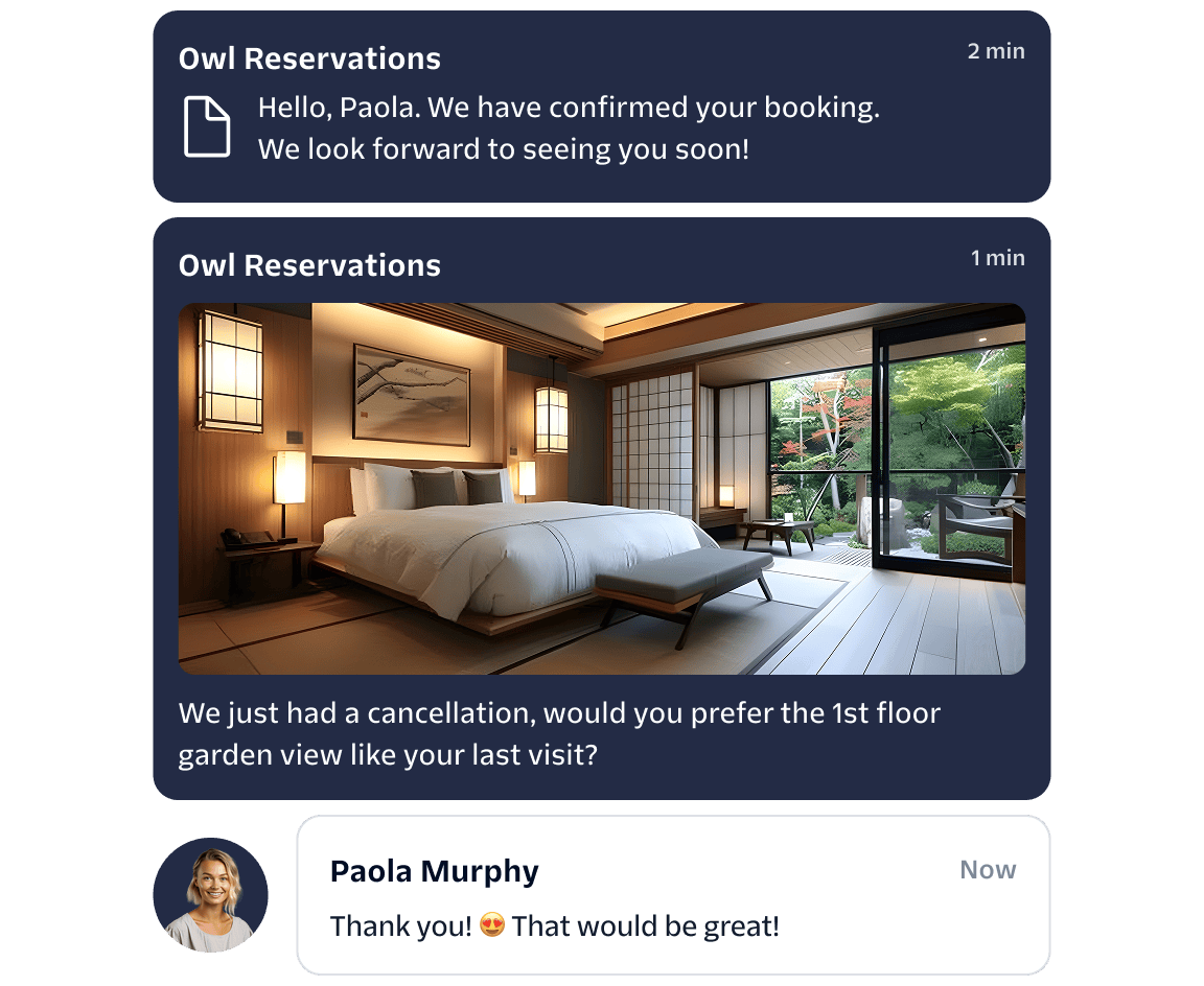 Hotel booking confirmation and room preference messages with a photo of a Japanese-style room, and a customer reply.