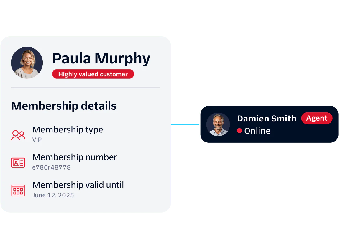Customer profile with membership details and connection to a support agent.