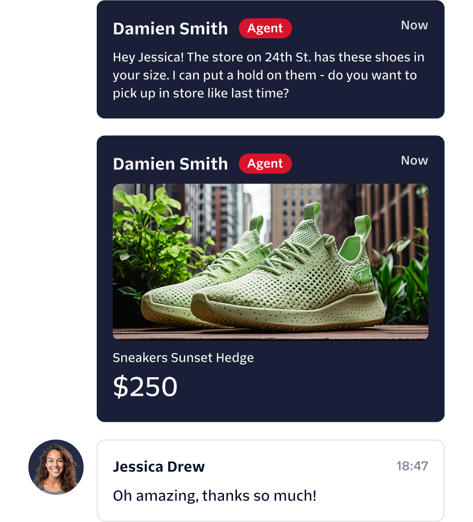 Illustration of a digital concierge service that enables customer service reps to proactively engage customers by sending pictures and videos over digital channels