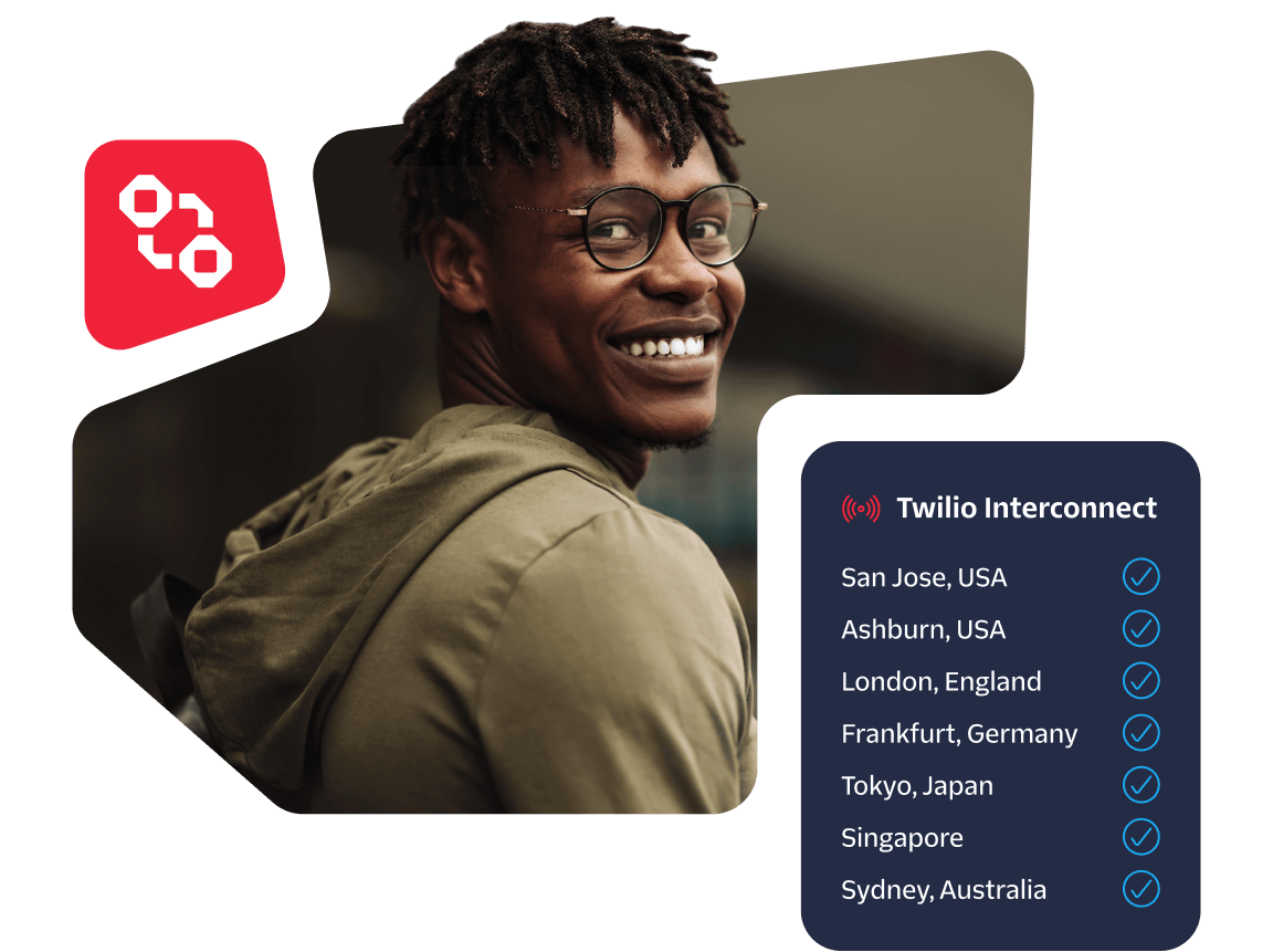 Smiling man with glasses and Twilio Interconnect locations listed including San Jose, London, and Tokyo.