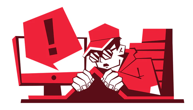 Cartoon person in red looking frustrated at a computer with a large error notification on the screen.