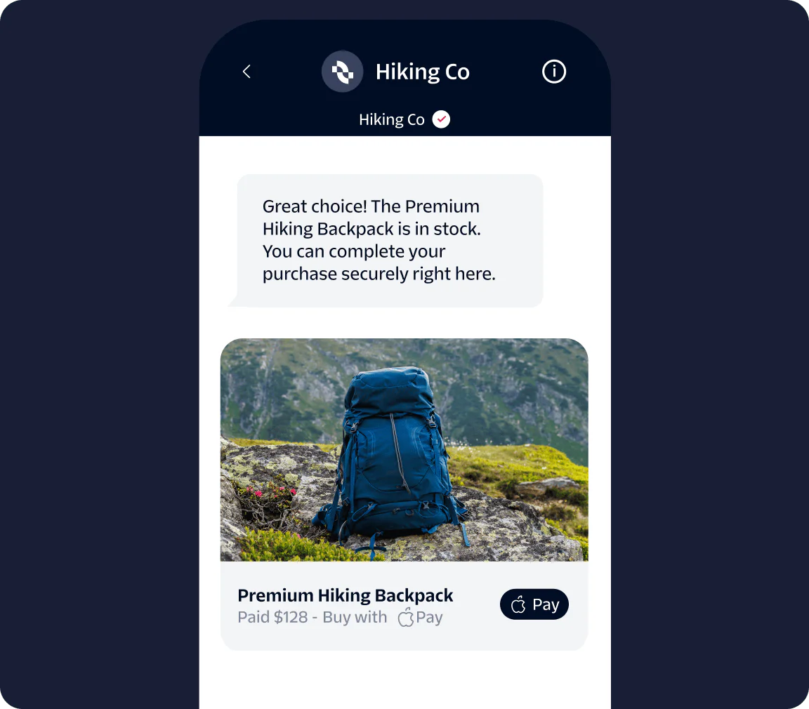 Smartphone screen showing a notification about a Premium Hiking Backpack in stock with an option to buy.