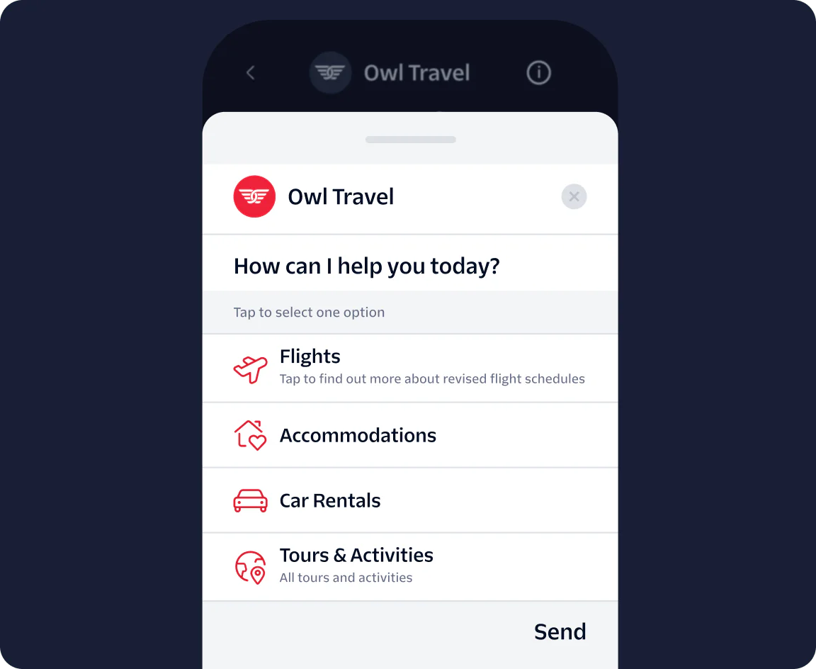 Owl Travel app screen with options for flights, accommodations, car rentals, and tours.