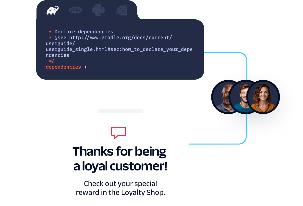Customer appreciation message with loyalty shop link and code snippet for declaring dependencies.