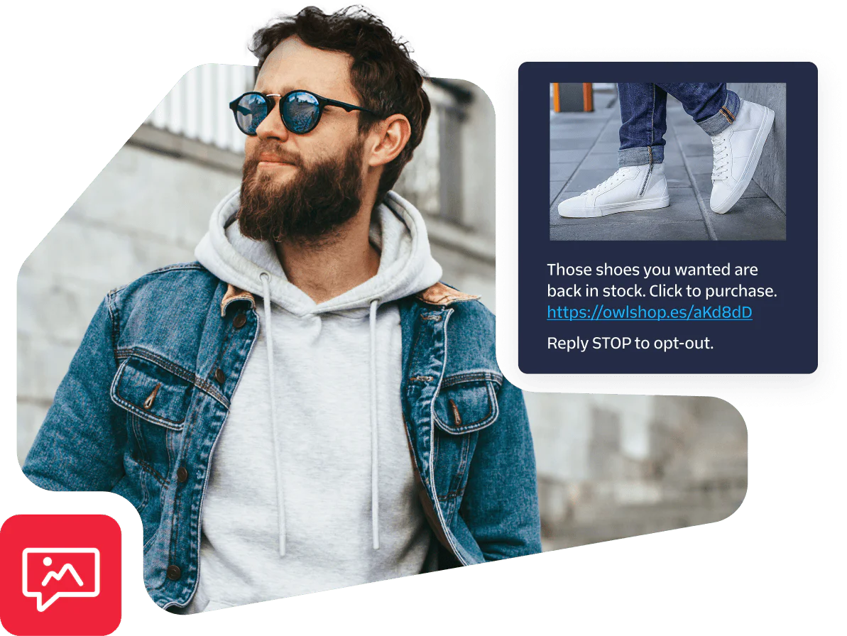 Man in denim jacket and sunglasses with phone text about shoes being back in stock.
