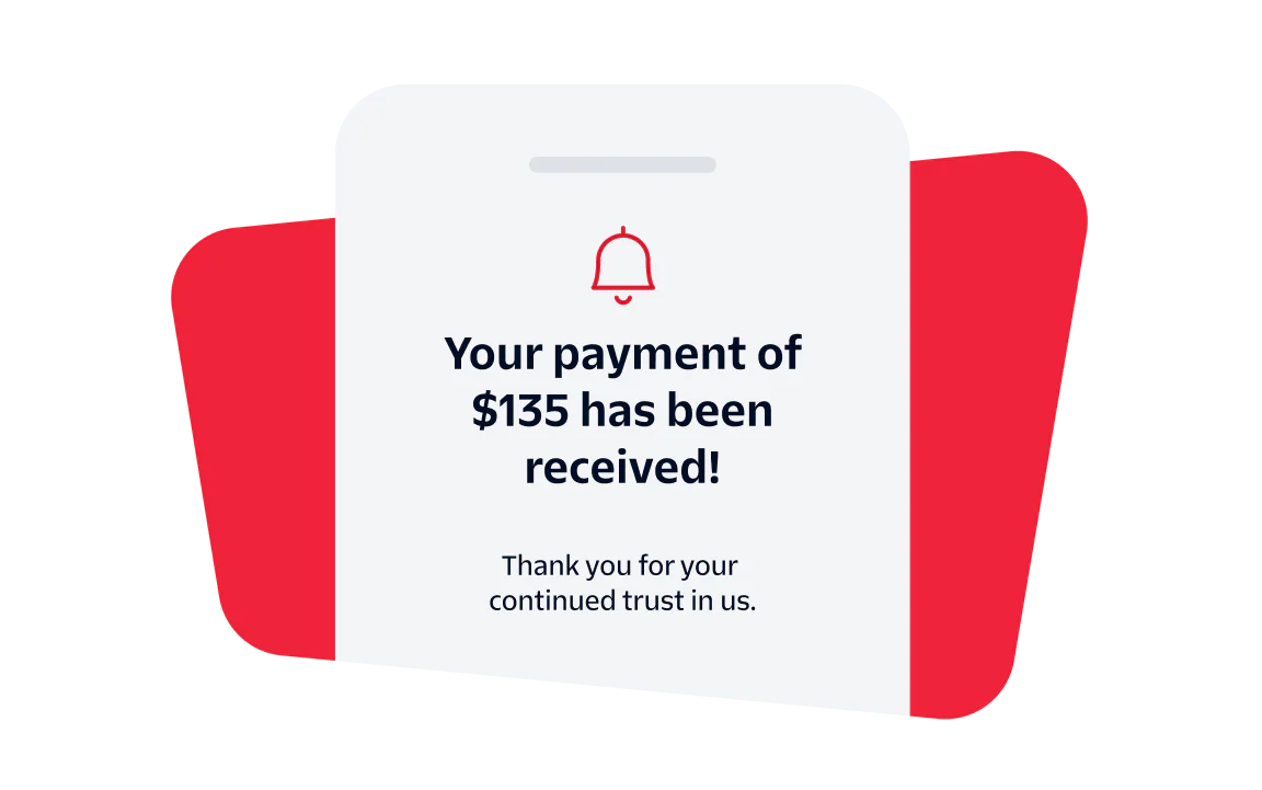Notification showing payment of $135 received with a thank you message and a bell icon.