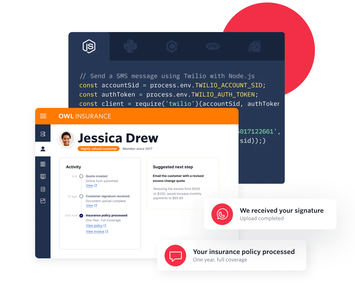 Illustration of an insurance company’s user interface as they process a customer quote and send confirmation update messages.