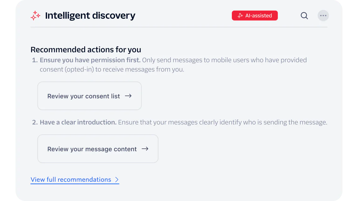 Interface showing recommended actions for intelligent discovery with review buttons.