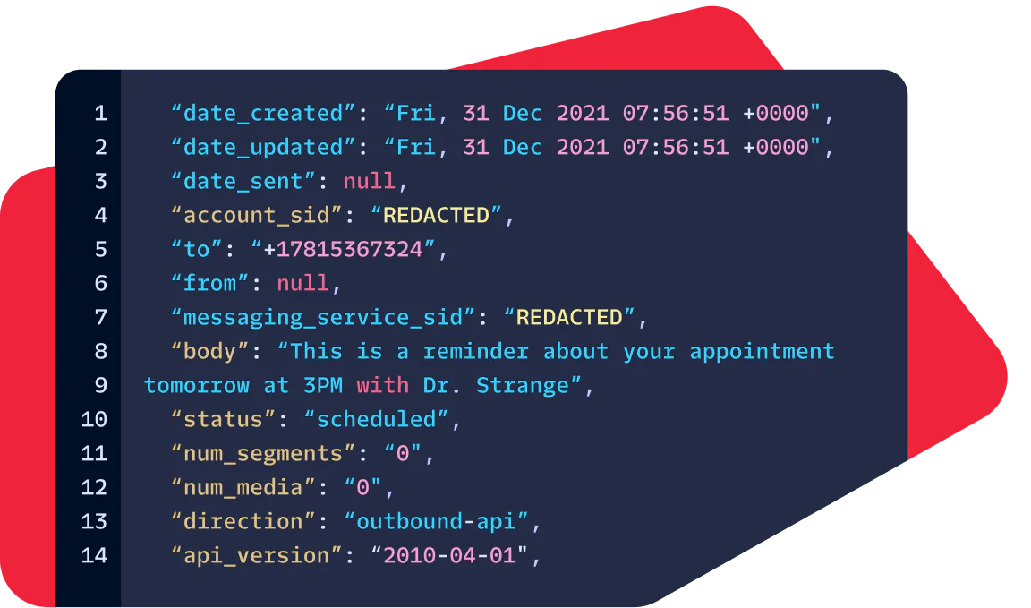 JSON code snippet detailing an appointment reminder message and its metadata.