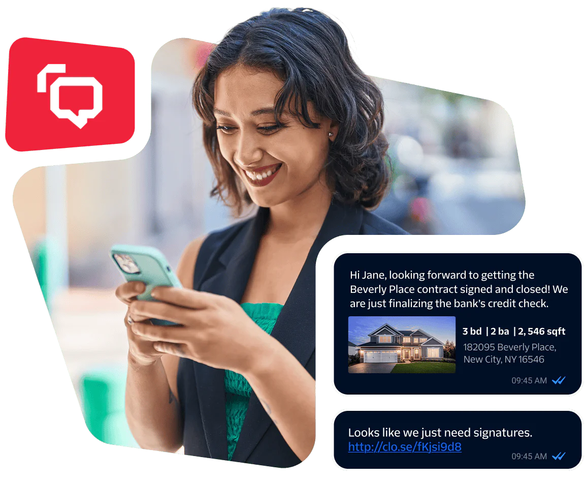 Woman smiling and texting with message about house contract being finalized and a link for signatures