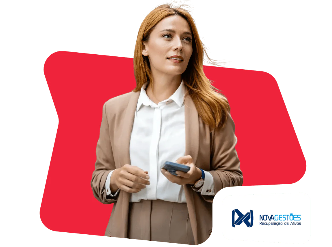 Woman in a beige suit holding a smartphone against a red background with a logo in the corner.