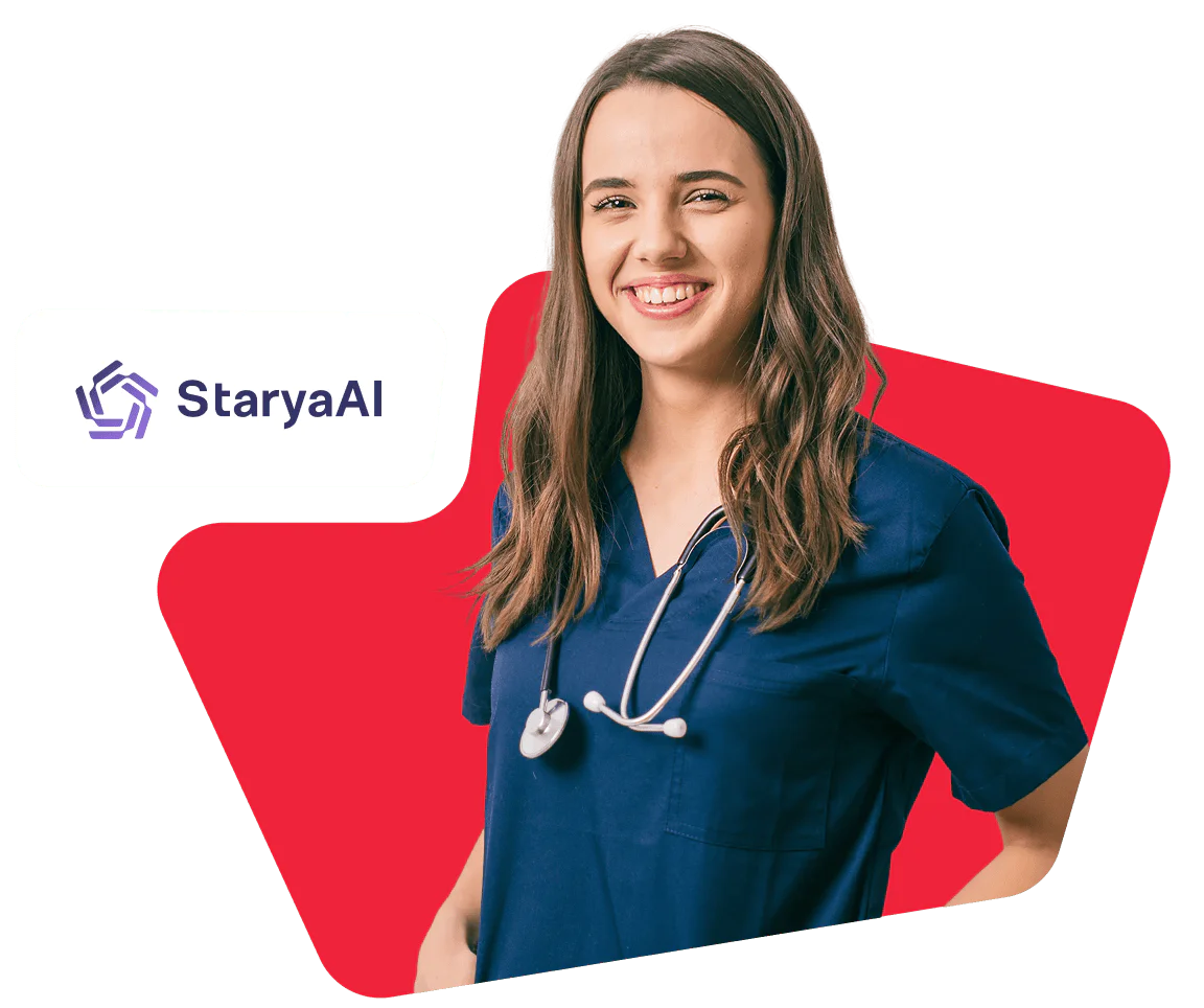 Female healthcare professional wearing blue scrubs and a stethoscope, standing next to StaryaAI logo.