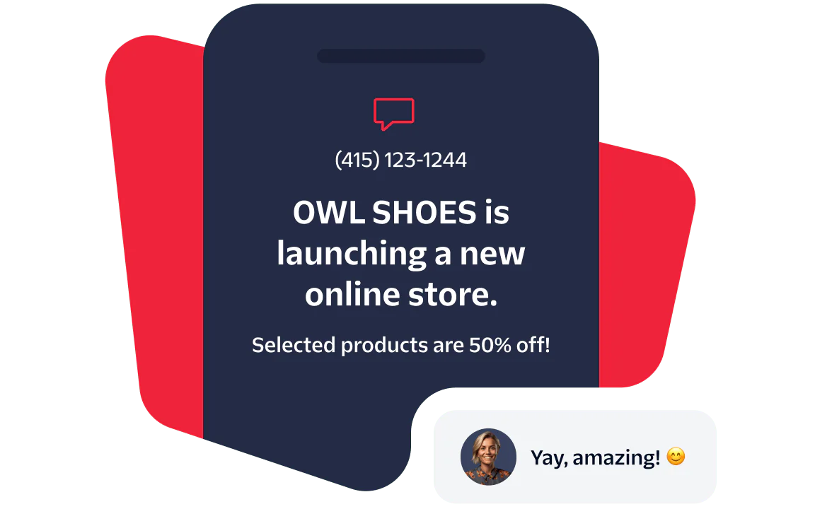 Owl Shoes launching a new online store, selected products are 50% off, customer expressing excitement.