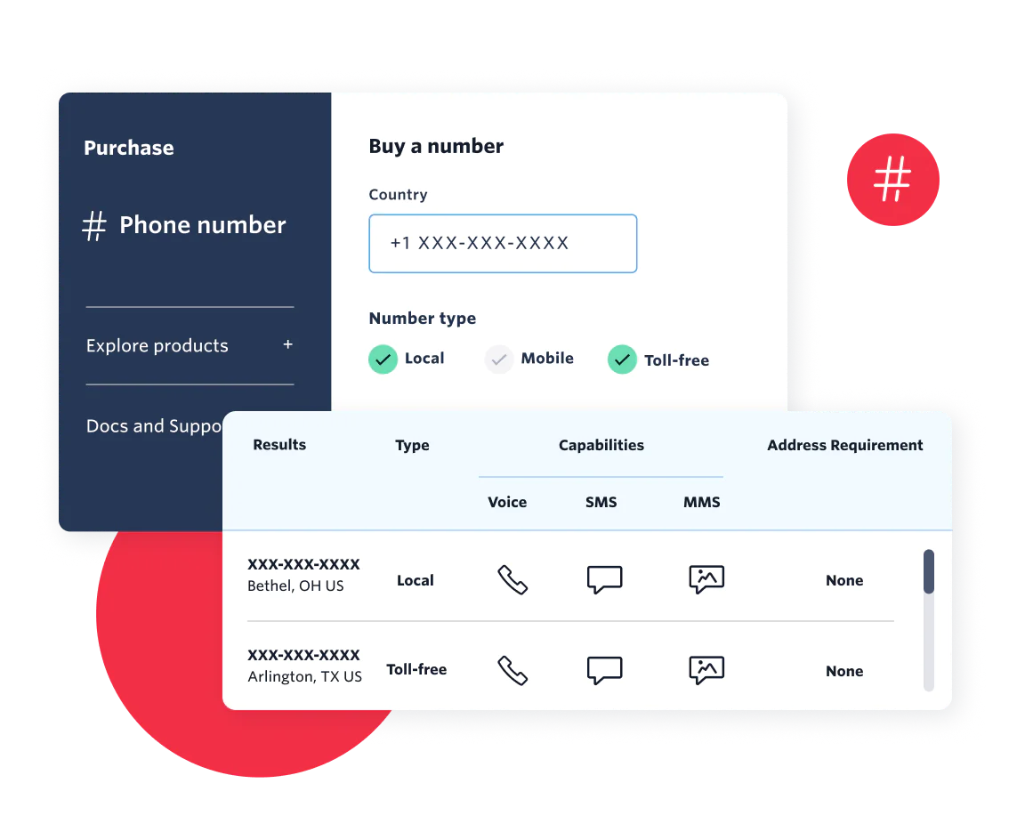 Illustration showing how you can buy different phone numbers types in the Twilio Console. 
