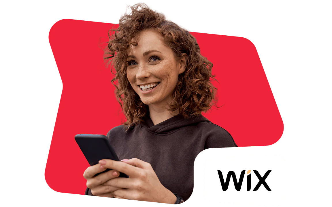 Woman with curly hair smiling and holding a smartphone, with Wix logo in the corner