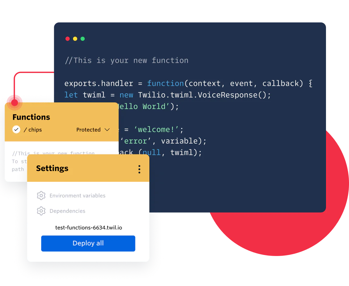 Illustration showing how you can deploy code with Functions through Twilio Serverless. 
