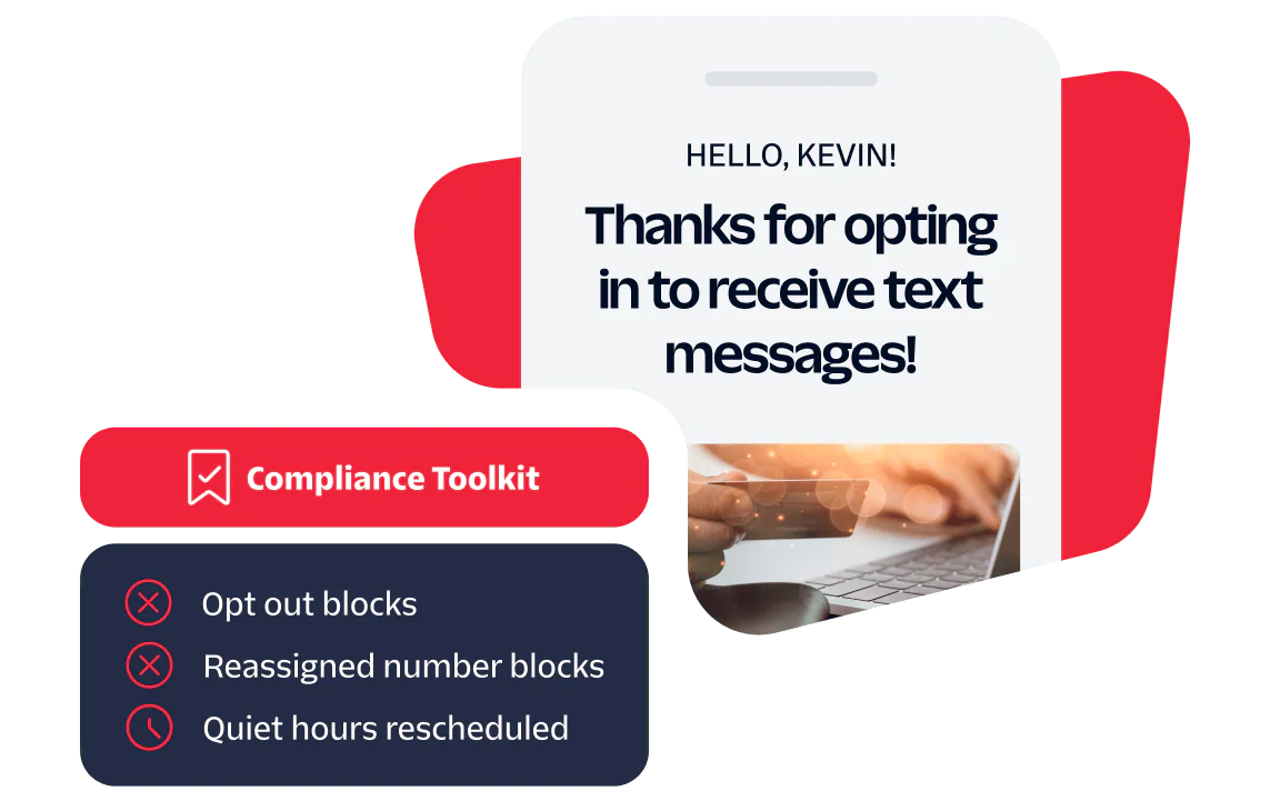 A phone screen showing a message thanking Kevin for opting in to receive text messages, with Compliance Toolkit details.