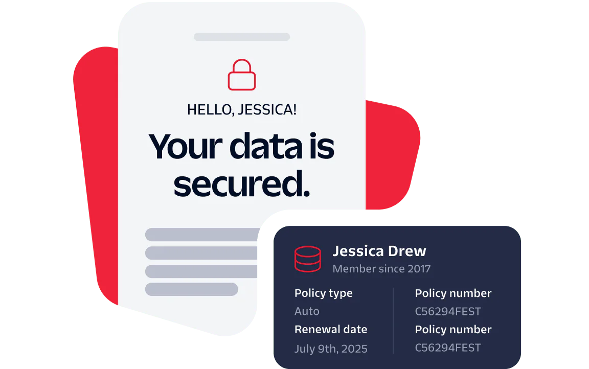 A digital card notifies Jessica Drew that her data is secured with policy details and renewal date.