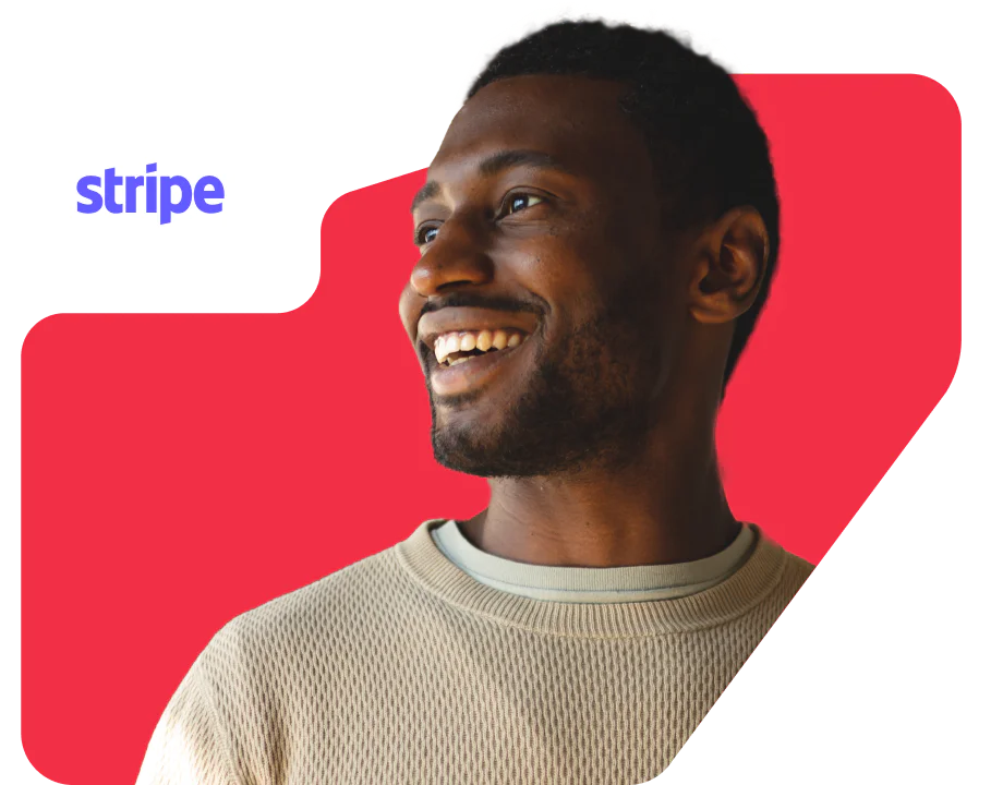 Two people using smartphones, focusing on the Stripe app, blurred store background.